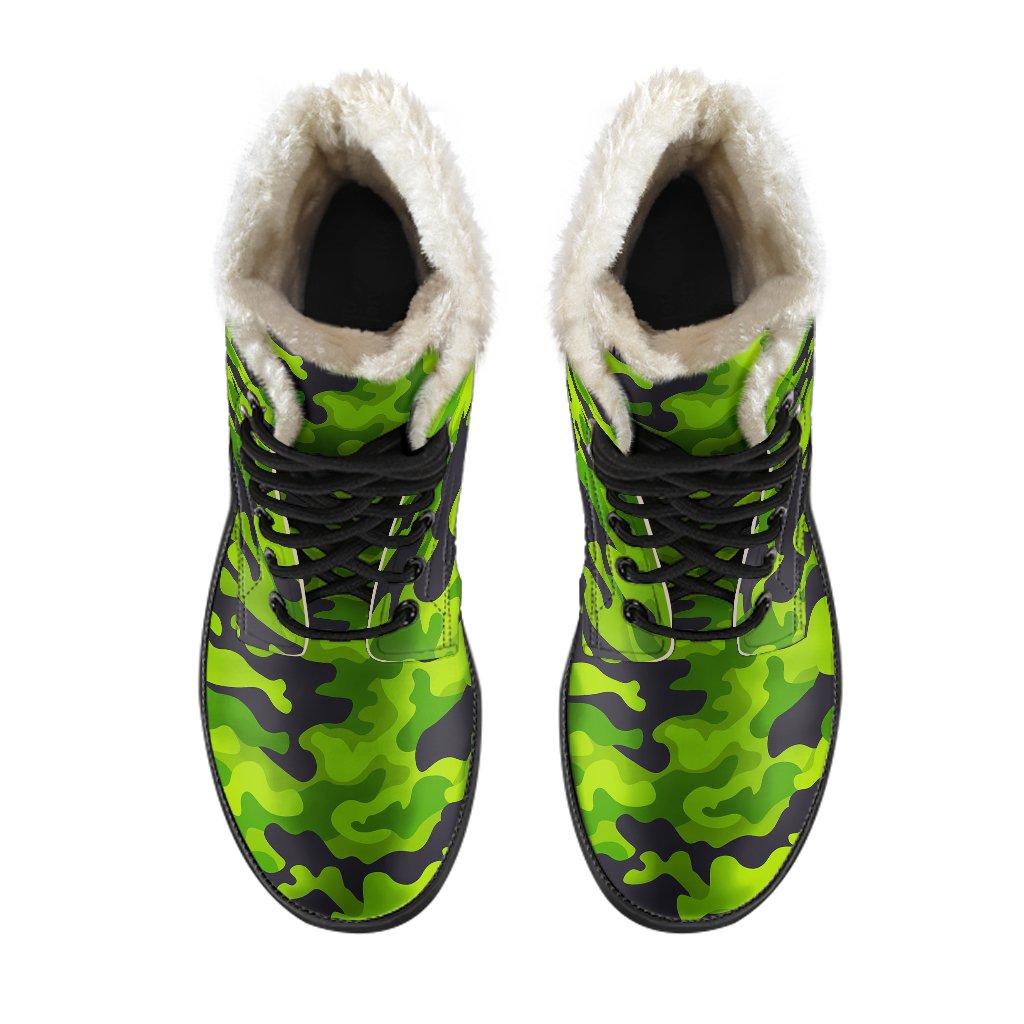 Green Kelly Camo Print Faux Fur Leather Boots