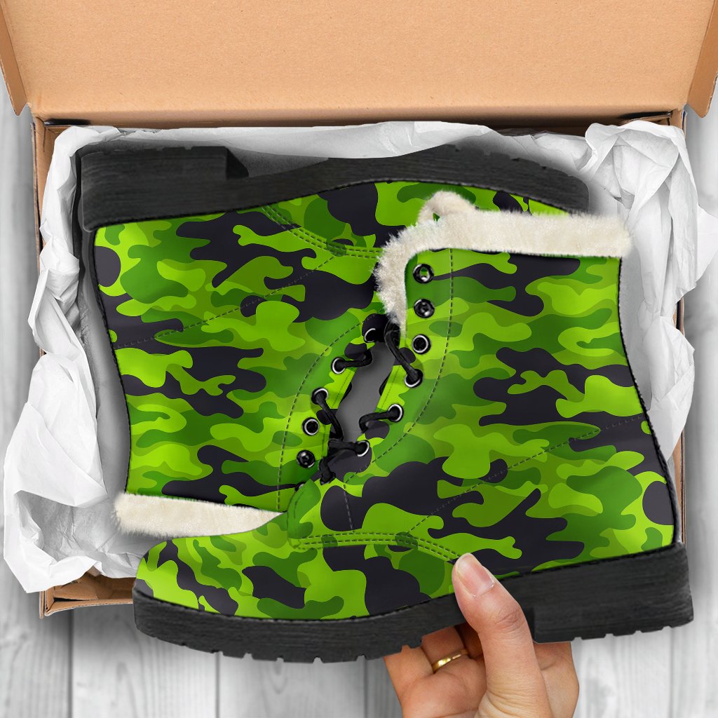 Green Kelly Camo Print Faux Fur Leather Boots