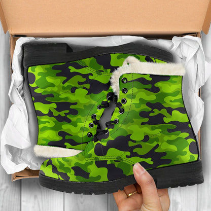 Green Kelly Camo Print Faux Fur Leather Boots