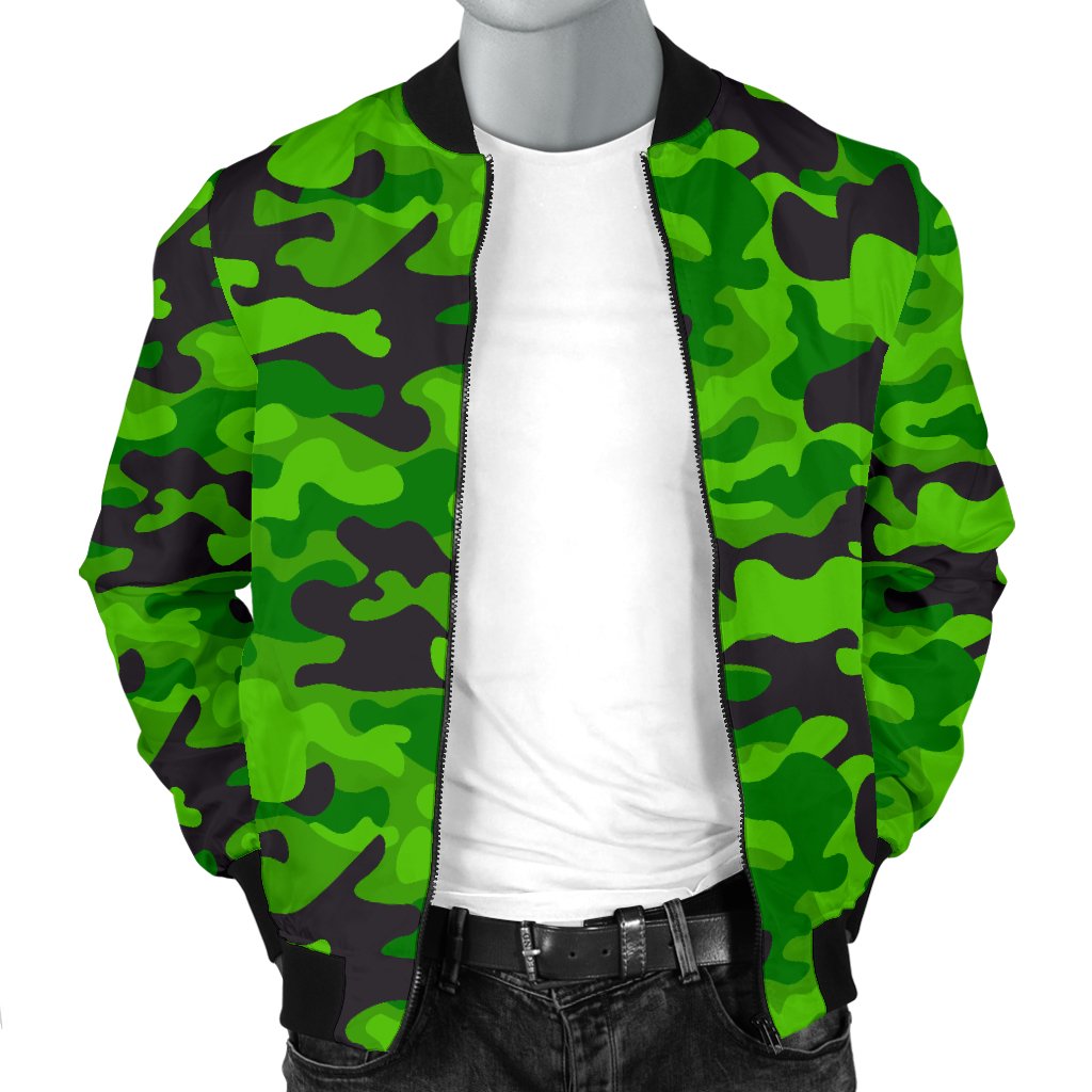 Green Kelly Camo Print Men Casual Bomber Jacket