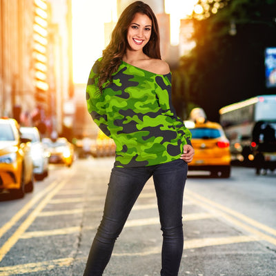 Green Kelly Camo Print Off Shoulder Sweatshirt