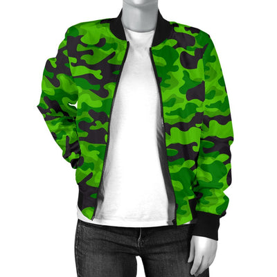 Green Kelly Camo Print Women Casual Bomber Jacket