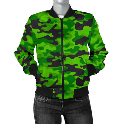 Green Kelly Camo Print Women Casual Bomber Jacket