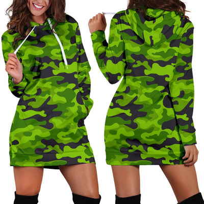 Green Kelly Camo Print Women Hoodie Dress