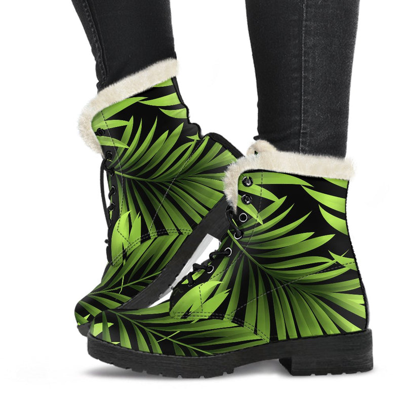 Green Neon Tropical Palm Leaves Faux Fur Leather Boots