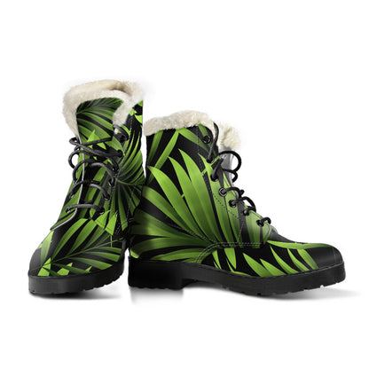 Green Neon Tropical Palm Leaves Faux Fur Leather Boots