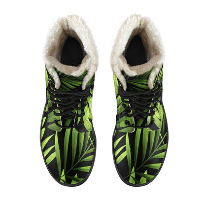 Green Neon Tropical Palm Leaves Faux Fur Leather Boots