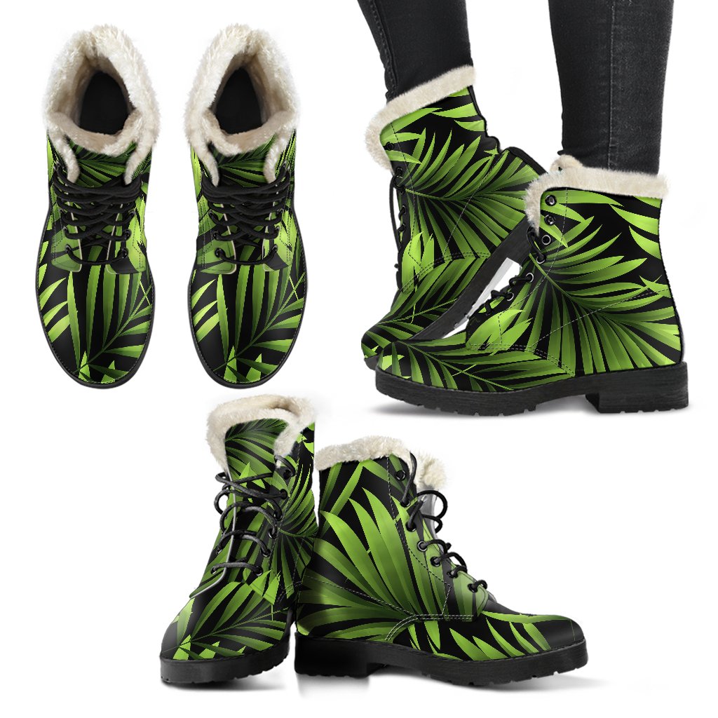 Green Neon Tropical Palm Leaves Faux Fur Leather Boots