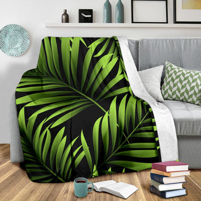 Green Neon Tropical Palm Leaves Fleece Blanket