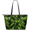 Green Neon Tropical Palm Leaves Large Leather Tote Bag