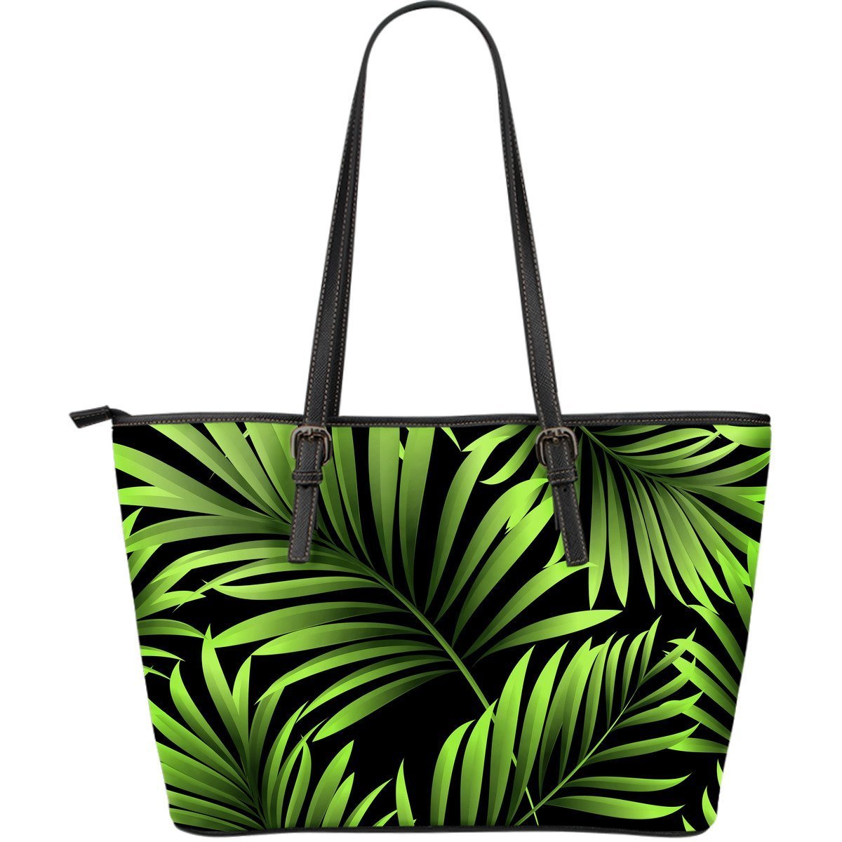 Green Neon Tropical Palm Leaves Large Leather Tote Bag