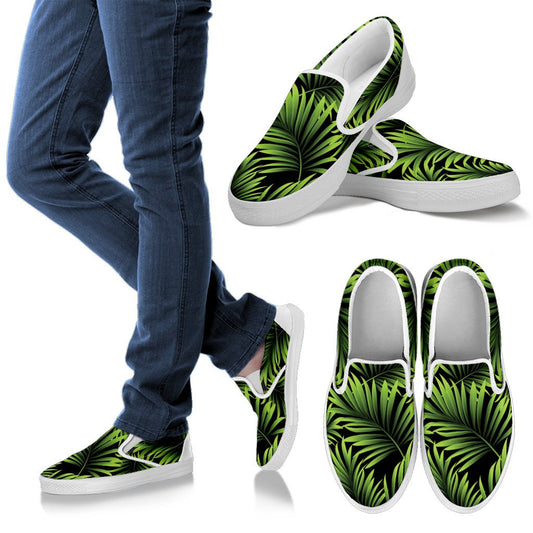 Green Neon Tropical Palm Leaves Men Canvas Slip On Shoes