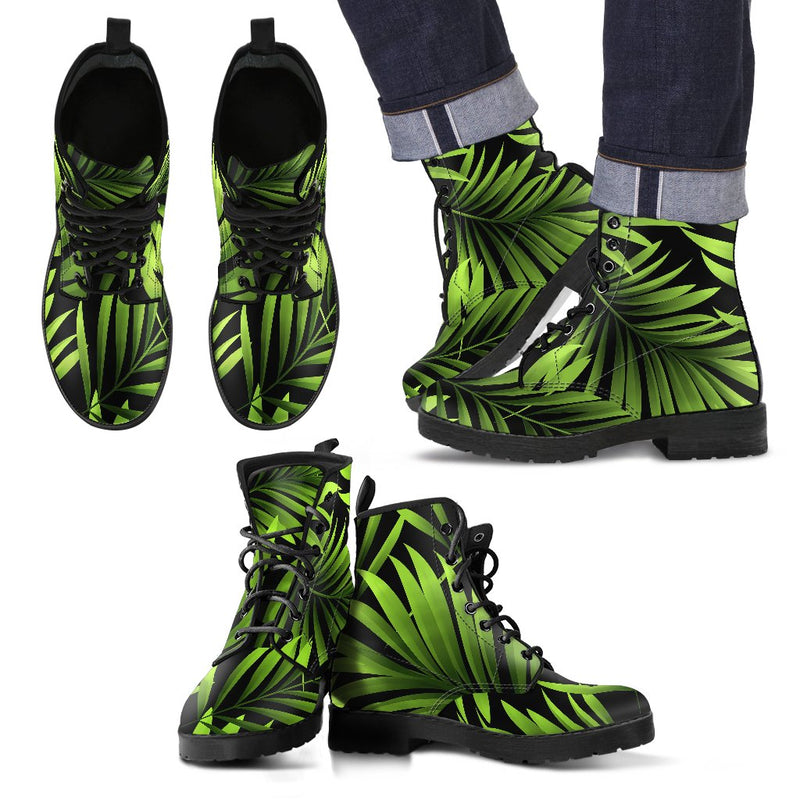 Green Neon Tropical Palm Leaves Men Leather Boots