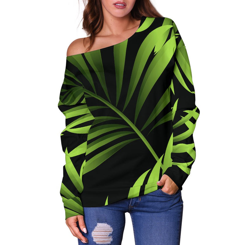 Green Neon Tropical Palm Leaves Off Shoulder Sweatshirt