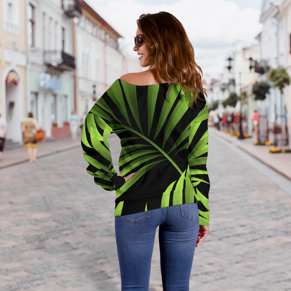 Green Neon Tropical Palm Leaves Off Shoulder Sweatshirt