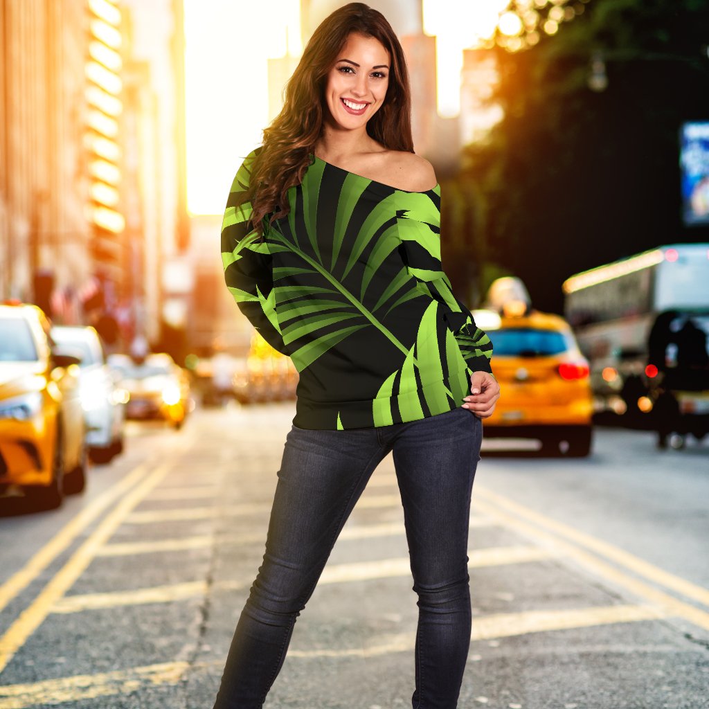 Green Neon Tropical Palm Leaves Off Shoulder Sweatshirt