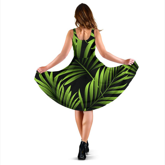 Green Neon Tropical Palm Leaves Sleeveless Mini Dress