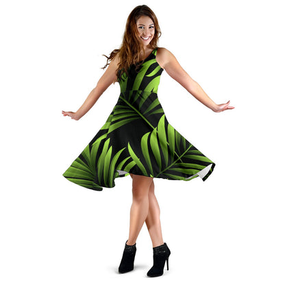 Green Neon Tropical Palm Leaves Sleeveless Mini Dress