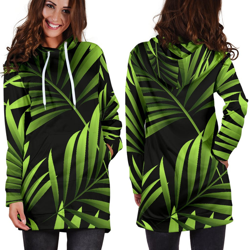 Green Neon Tropical Palm Leaves Women Hoodie Dress