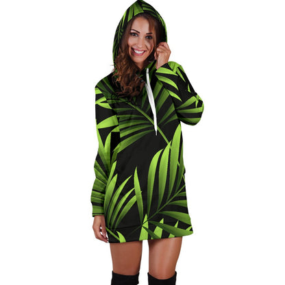 Green Neon Tropical Palm Leaves Women Hoodie Dress