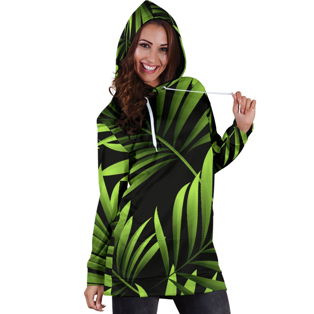 Green Neon Tropical Palm Leaves Women Hoodie Dress JorJune Green Neon Tropical Palm Leaves Women Hoodie Dress JorJune