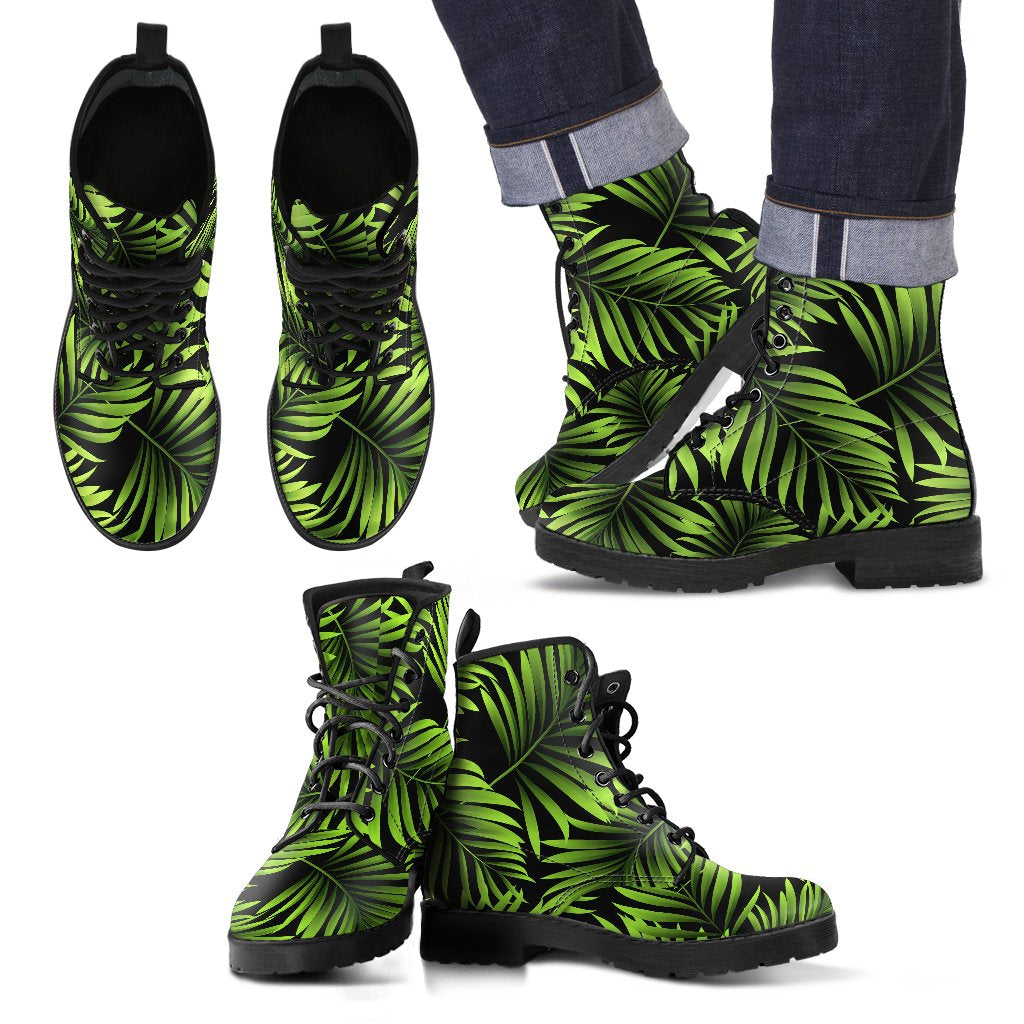 Green Neon Tropical Palm Leaves Women & Men Leather Boots