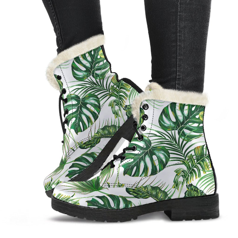 Green Pattern Tropical Palm Leaves Faux Fur Leather Boots