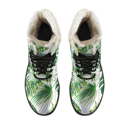 Green Pattern Tropical Palm Leaves Faux Fur Leather Boots