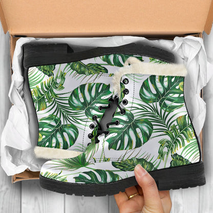 Green Pattern Tropical Palm Leaves Faux Fur Leather Boots