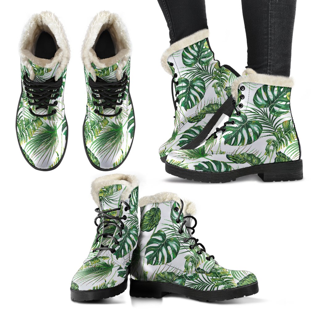 Green Pattern Tropical Palm Leaves Faux Fur Leather Boots