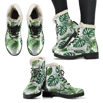 Green Pattern Tropical Palm Leaves Faux Fur Leather Boots