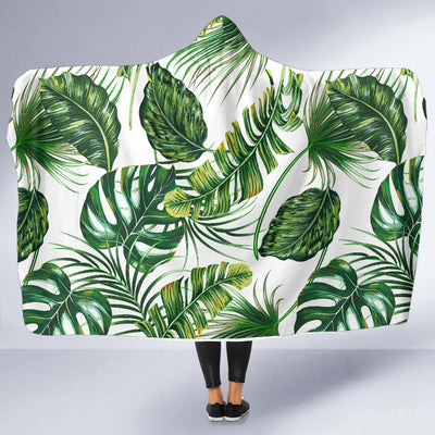 Green Pattern Tropical Palm Leaves Hooded Blanket-JORJUNE.COM