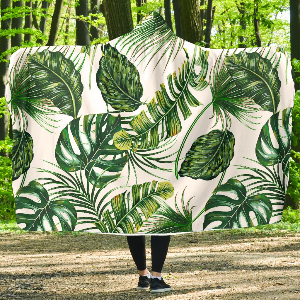 Green Pattern Tropical Palm Leaves Hooded Blanket-JORJUNE.COM