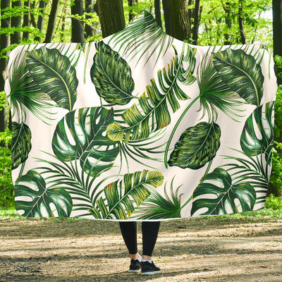 Green Pattern Tropical Palm Leaves Hooded Blanket-JORJUNE.COM