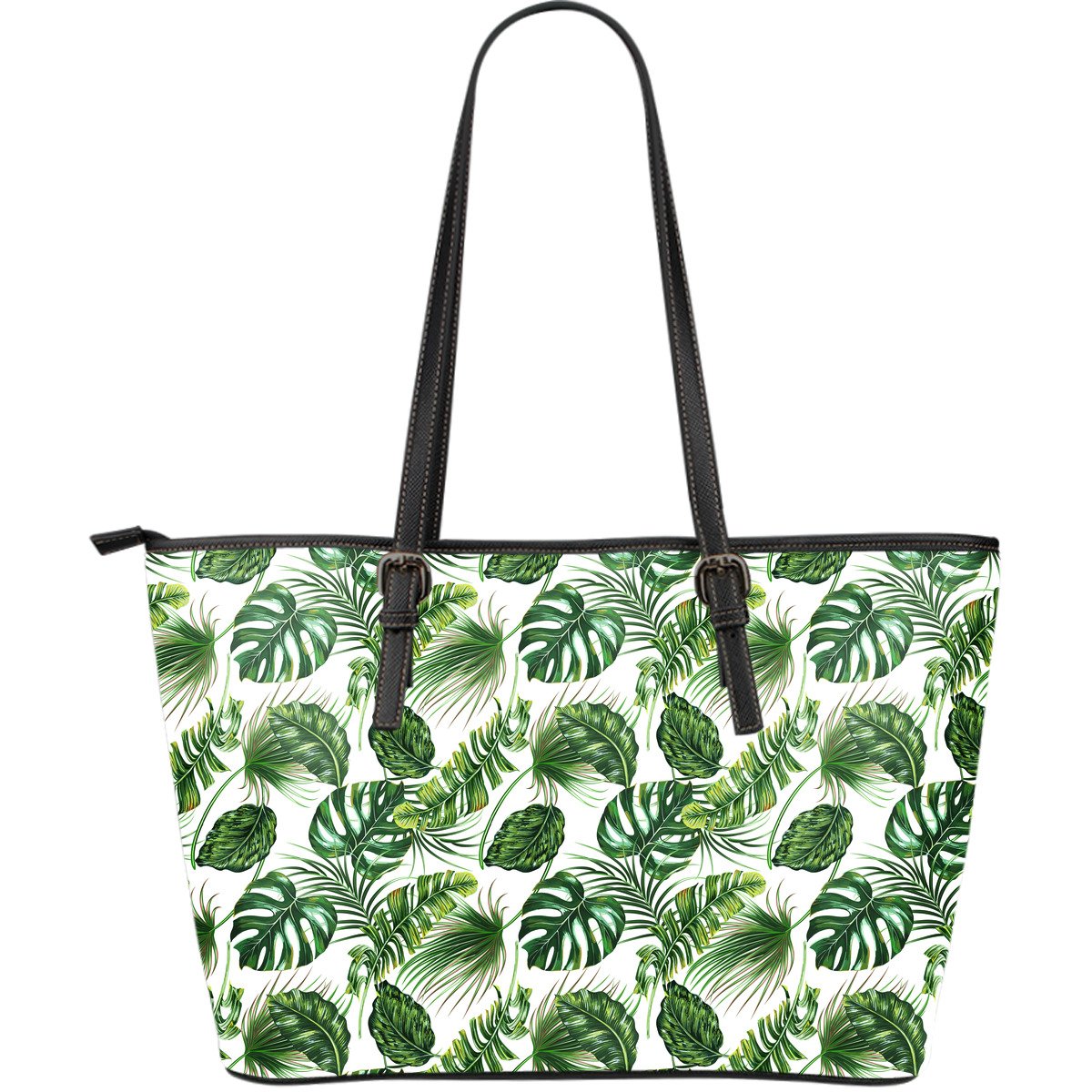 Green Pattern Tropical Palm Leaves Large Leather Tote Bag