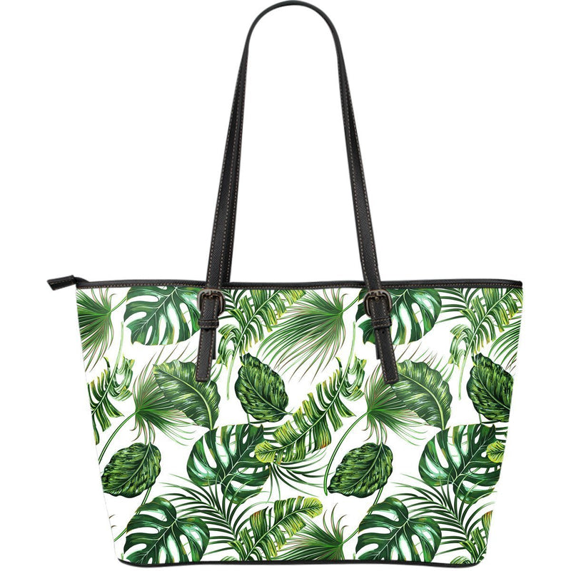 Green Pattern Tropical Palm Leaves Large Leather Tote Bag