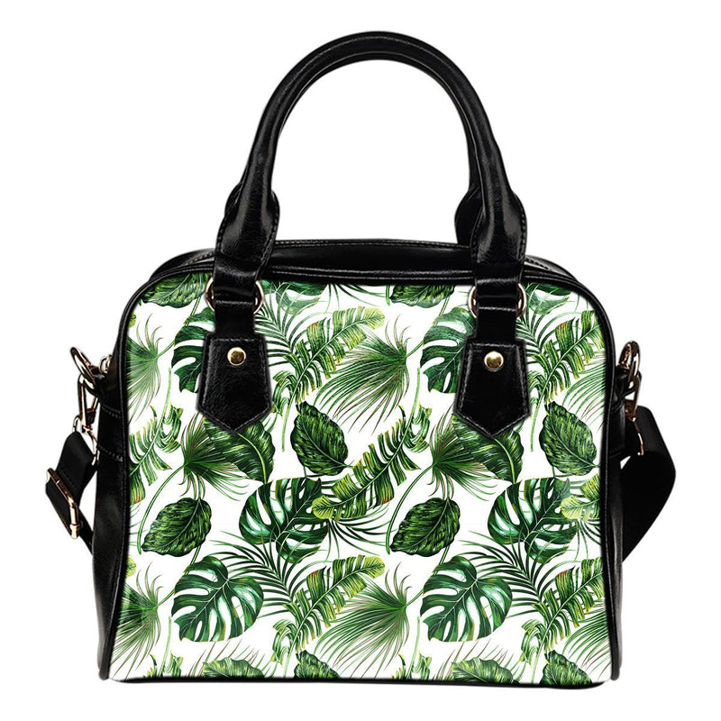 Green Pattern Tropical Palm Leaves Leather Shoulder Handbag