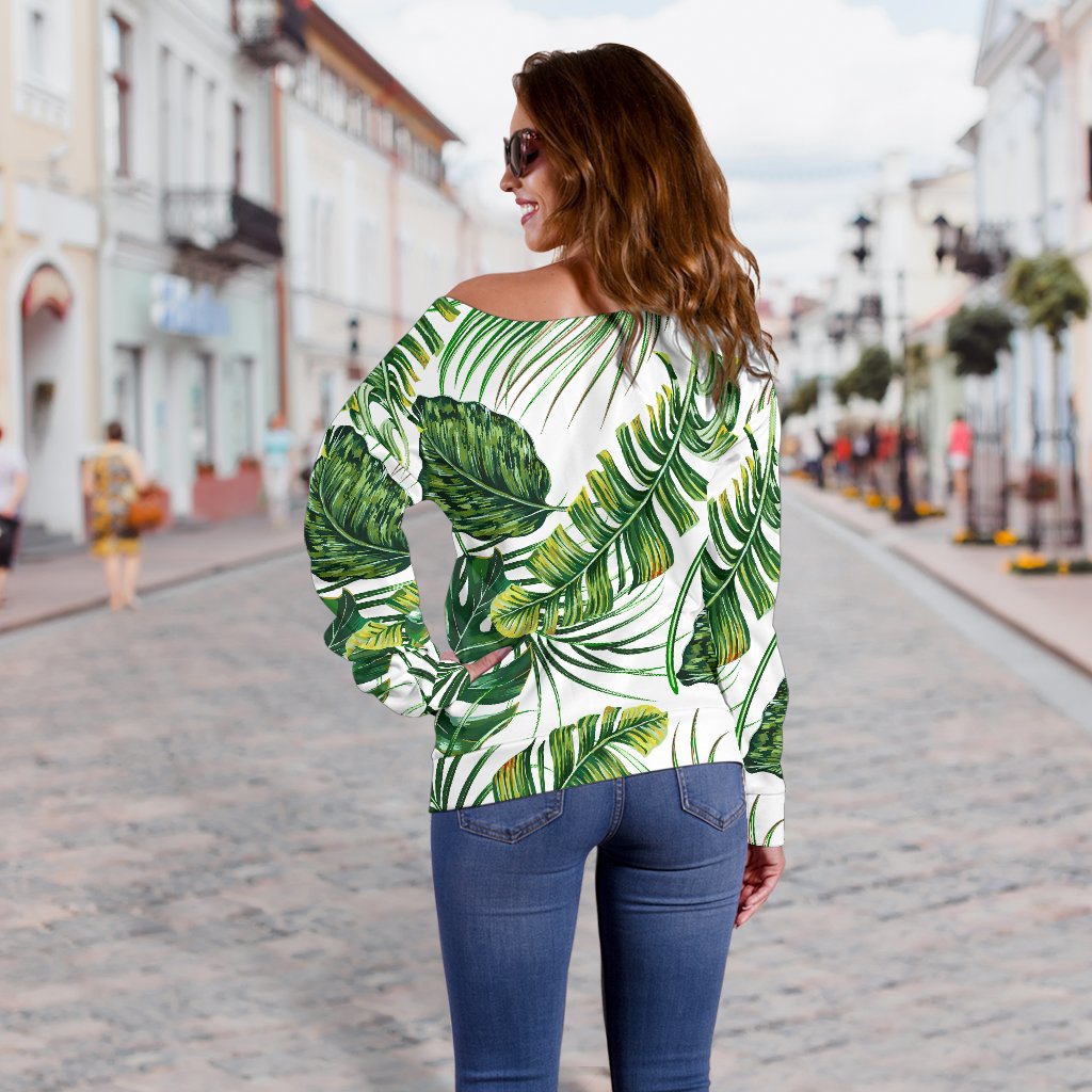 Green Pattern Tropical Palm Leaves Off Shoulder Sweatshirt
