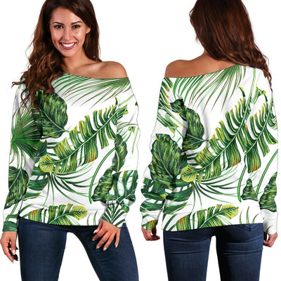 Green Pattern Tropical Palm Leaves Off Shoulder Sweatshirt