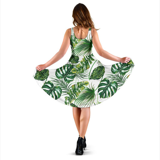 Green Pattern Tropical Palm Leaves Sleeveless Mini Dress