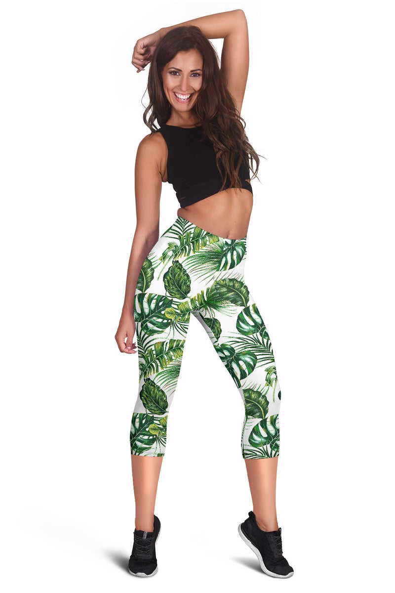 Green Pattern Tropical Palm Leaves Women Capris