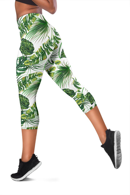Green Pattern Tropical Palm Leaves Women Capris