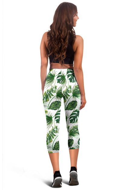 Green Pattern Tropical Palm Leaves Women Capris