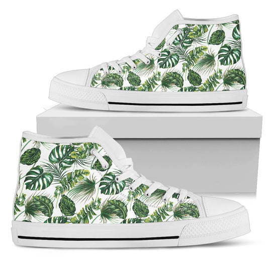 Green Pattern Tropical Palm Leaves Women High Top Canvas Shoes