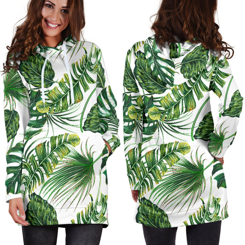 Green Pattern Tropical Palm Leaves Women Hoodie Dress