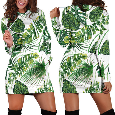 Green Pattern Tropical Palm Leaves Women Hoodie Dress