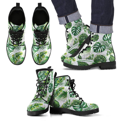 Green Pattern Tropical Palm Leaves Women & Men Leather Boots