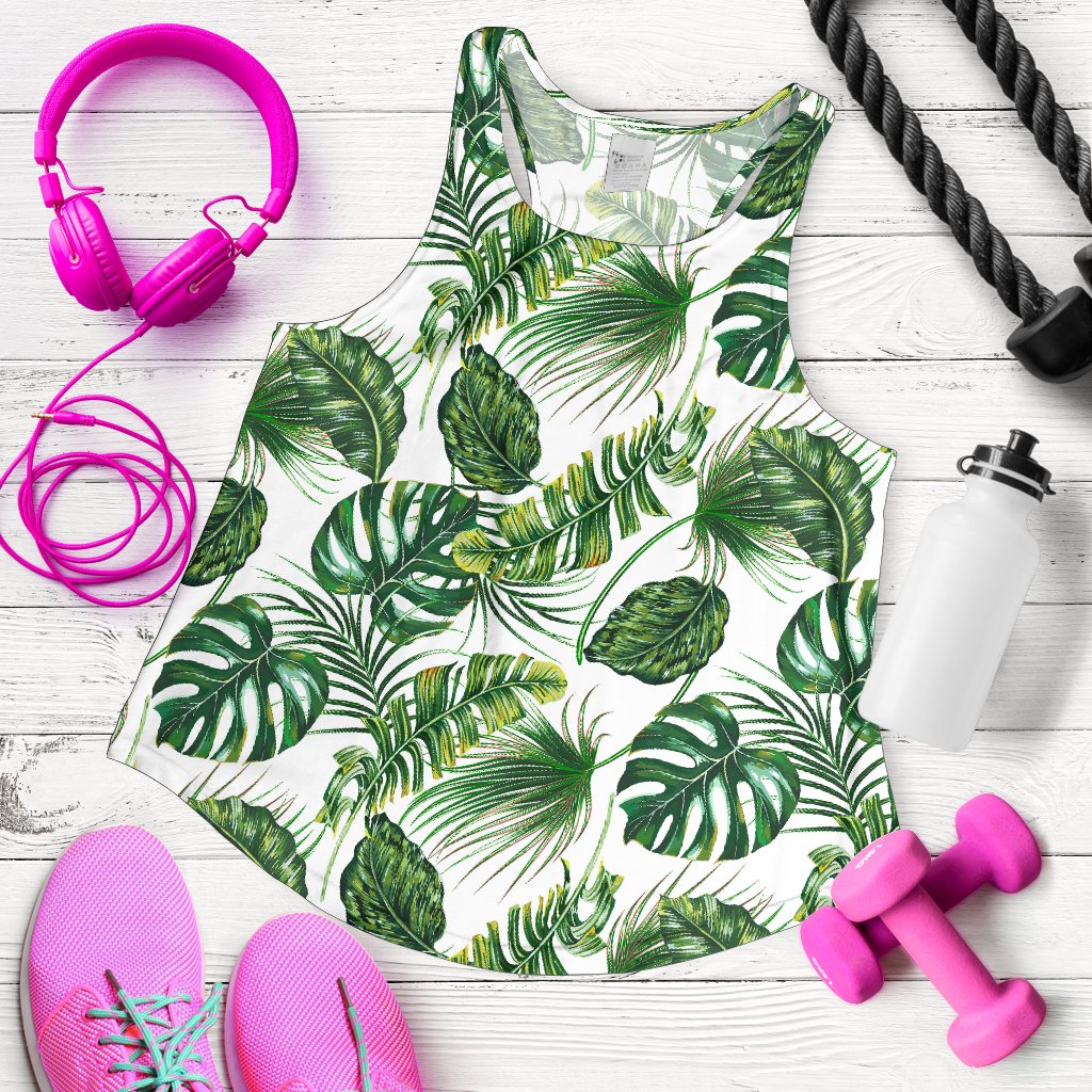Green Pattern Tropical Palm Leaves Women Racerback Tank Top