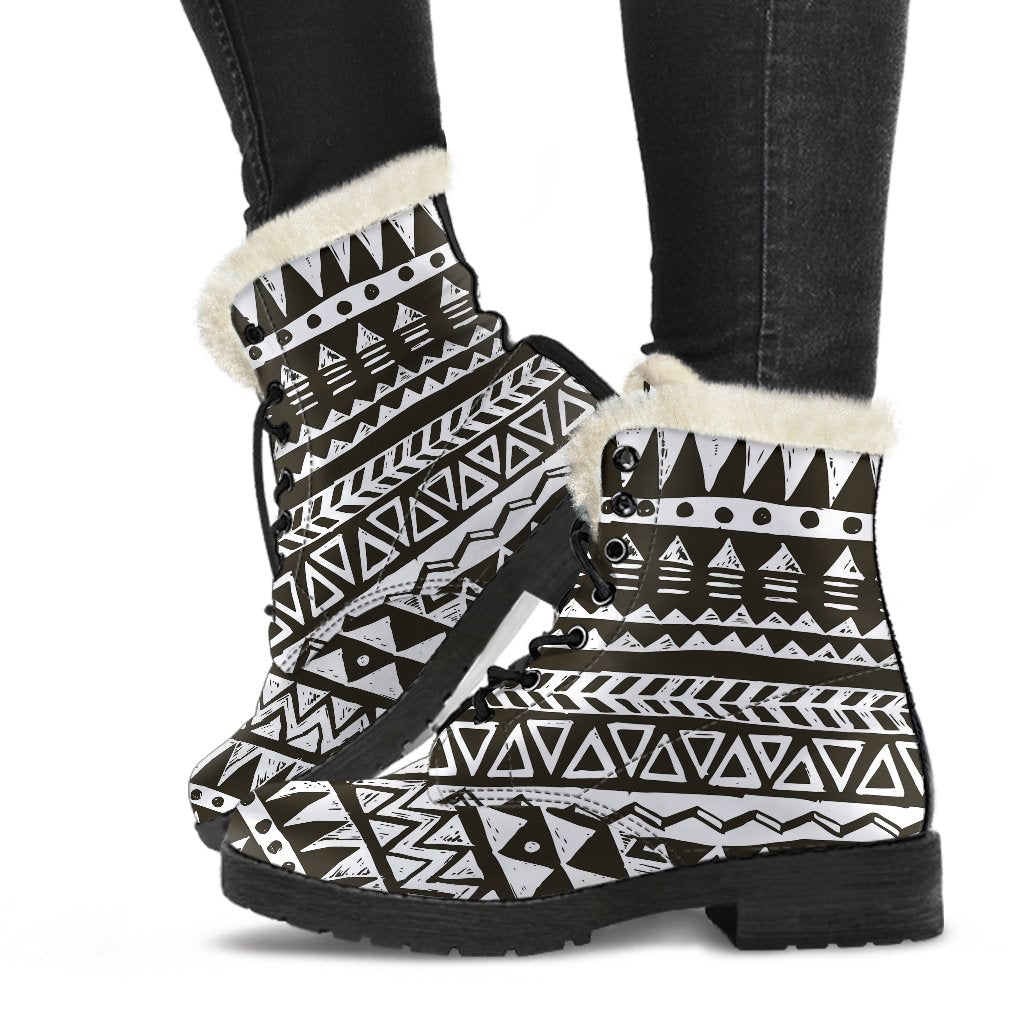 Hand draw Tribal Aztec Faux Fur Leather Boots
