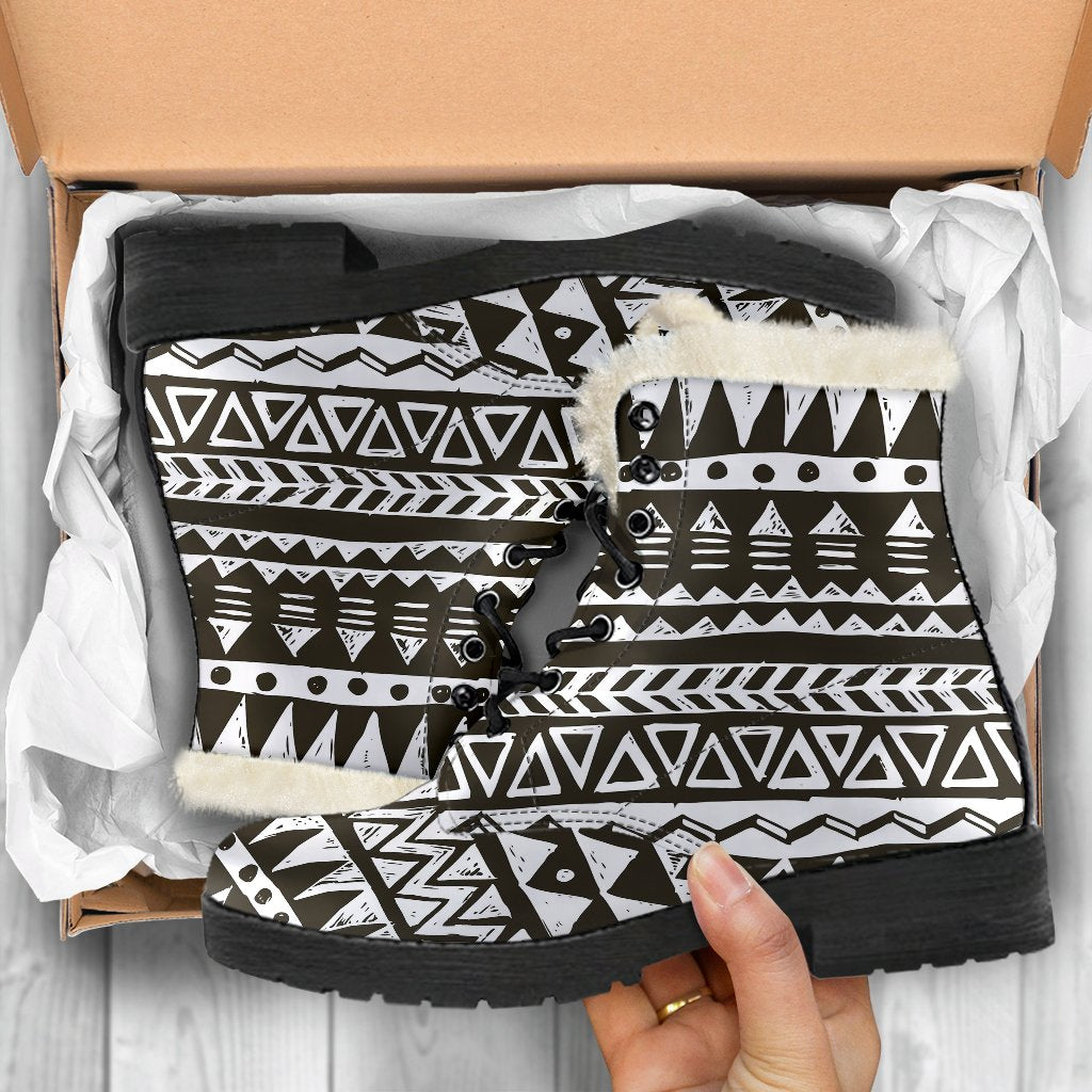 Hand draw Tribal Aztec Faux Fur Leather Boots
